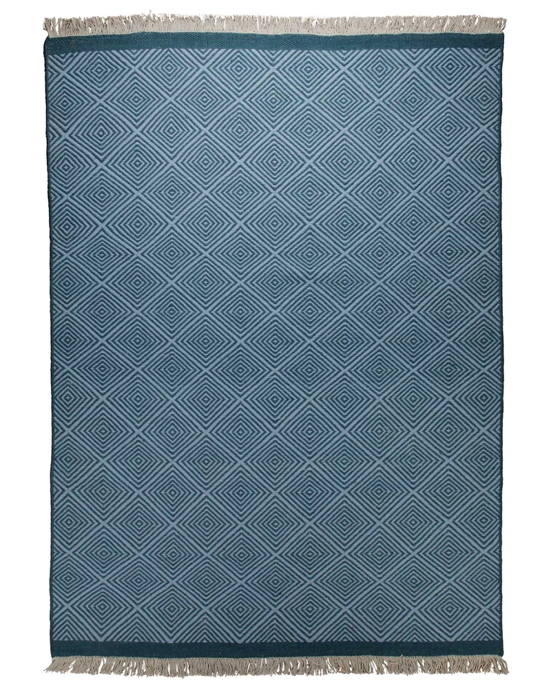 Handwebteppich Wolle Rautenmuster blau 160x230 cm