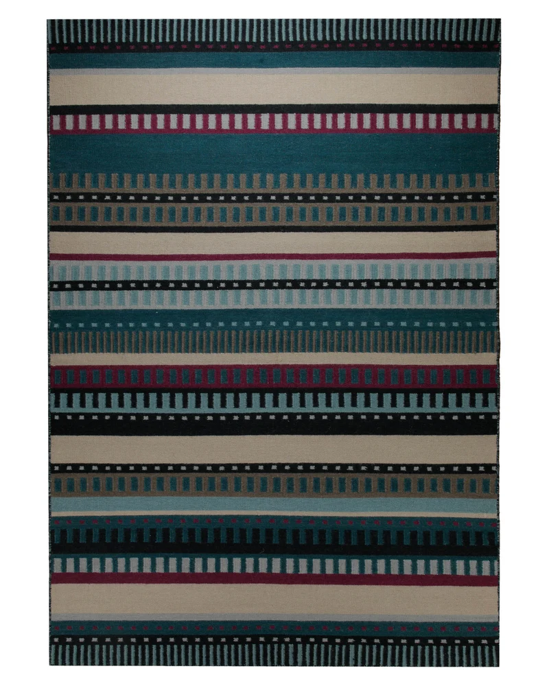 Handwebteppich Wolle Streifen petrol creme 160x230 cm