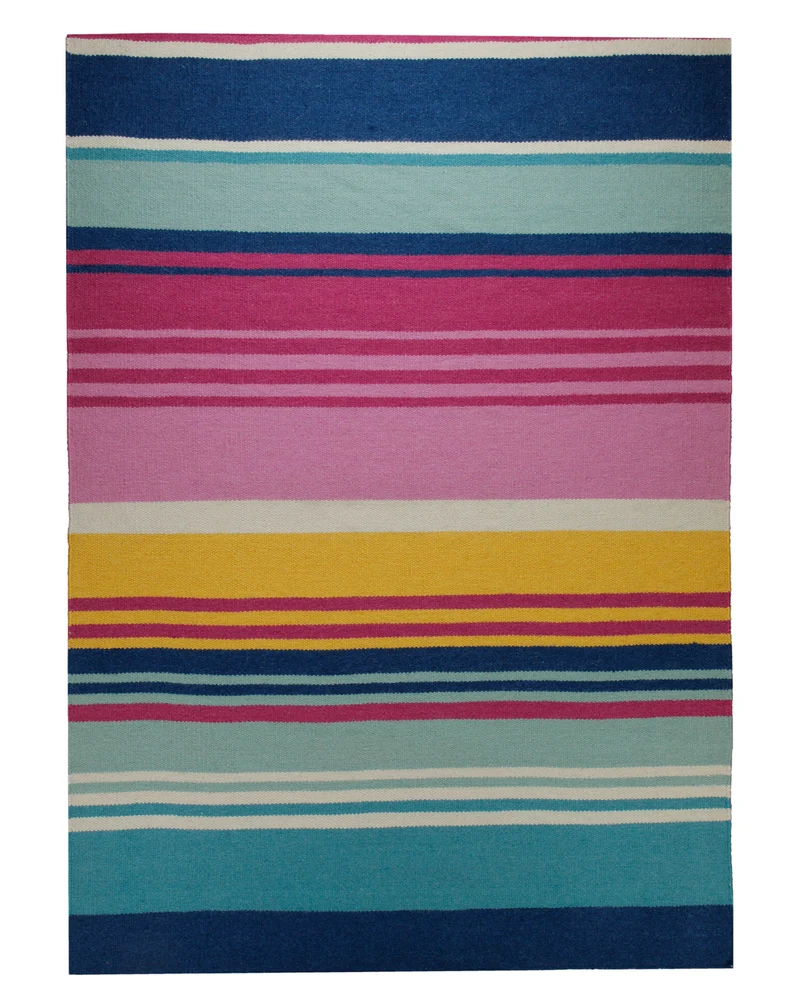 Handwebteppich Wolle Streifen bunt blau pink 160x230 cm