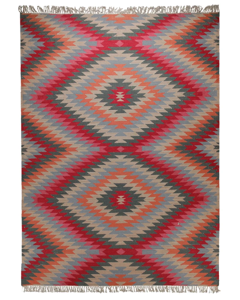 Handwebteppich Wolle Kelim Rauten rot grau 160x230 cm