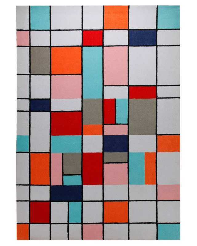 Farbraster in Rot und Türkis - Handtuft mit Gitterlinie 160 x 230 cm