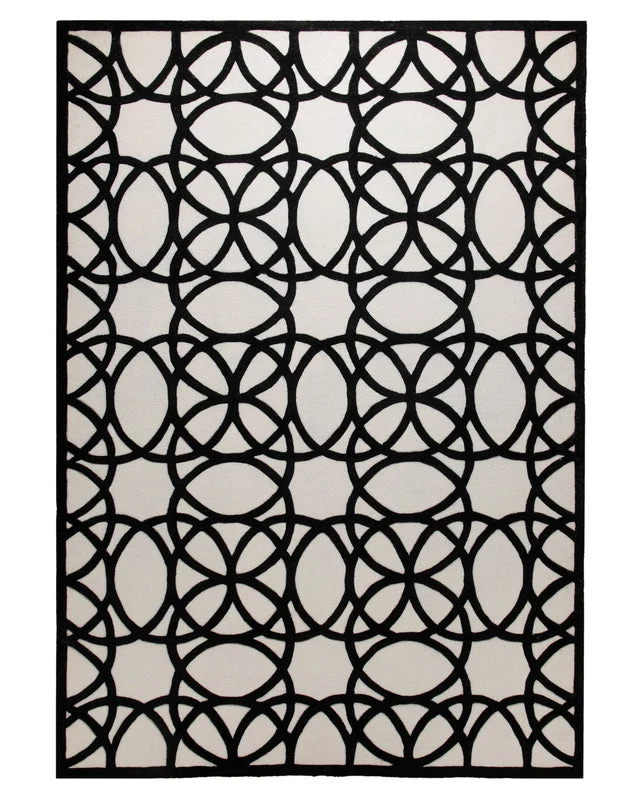 Schwarz auf Weiß - Handtuft mit Kreisornament 160 x 230 cm