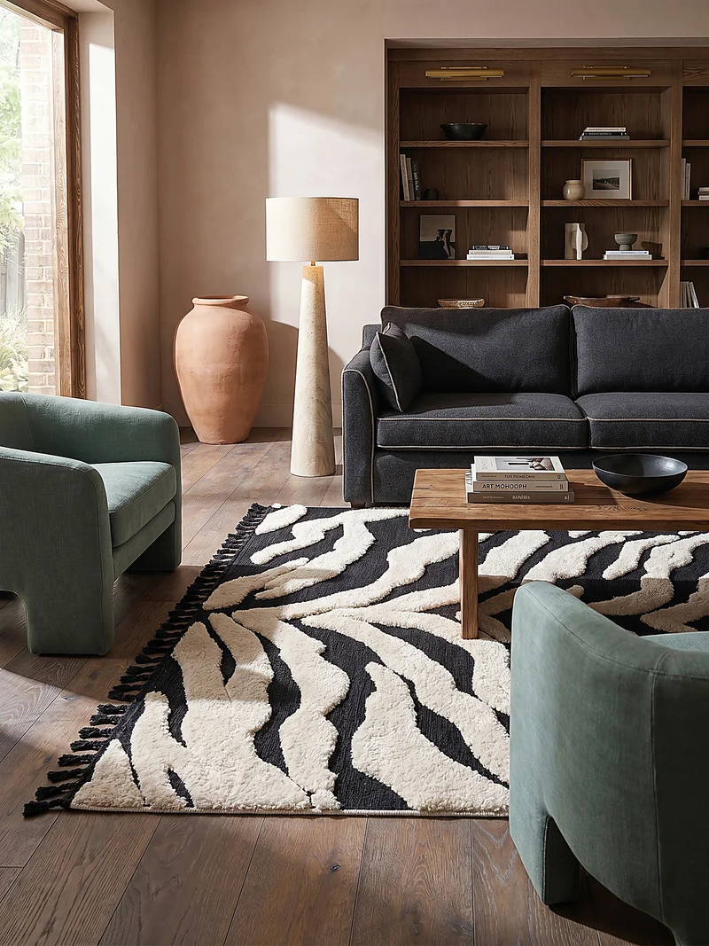 Hochflor-Teppich Zebra-Motiv · 3D Hoch-Tief · 20 mm · Schwarz-Weiß