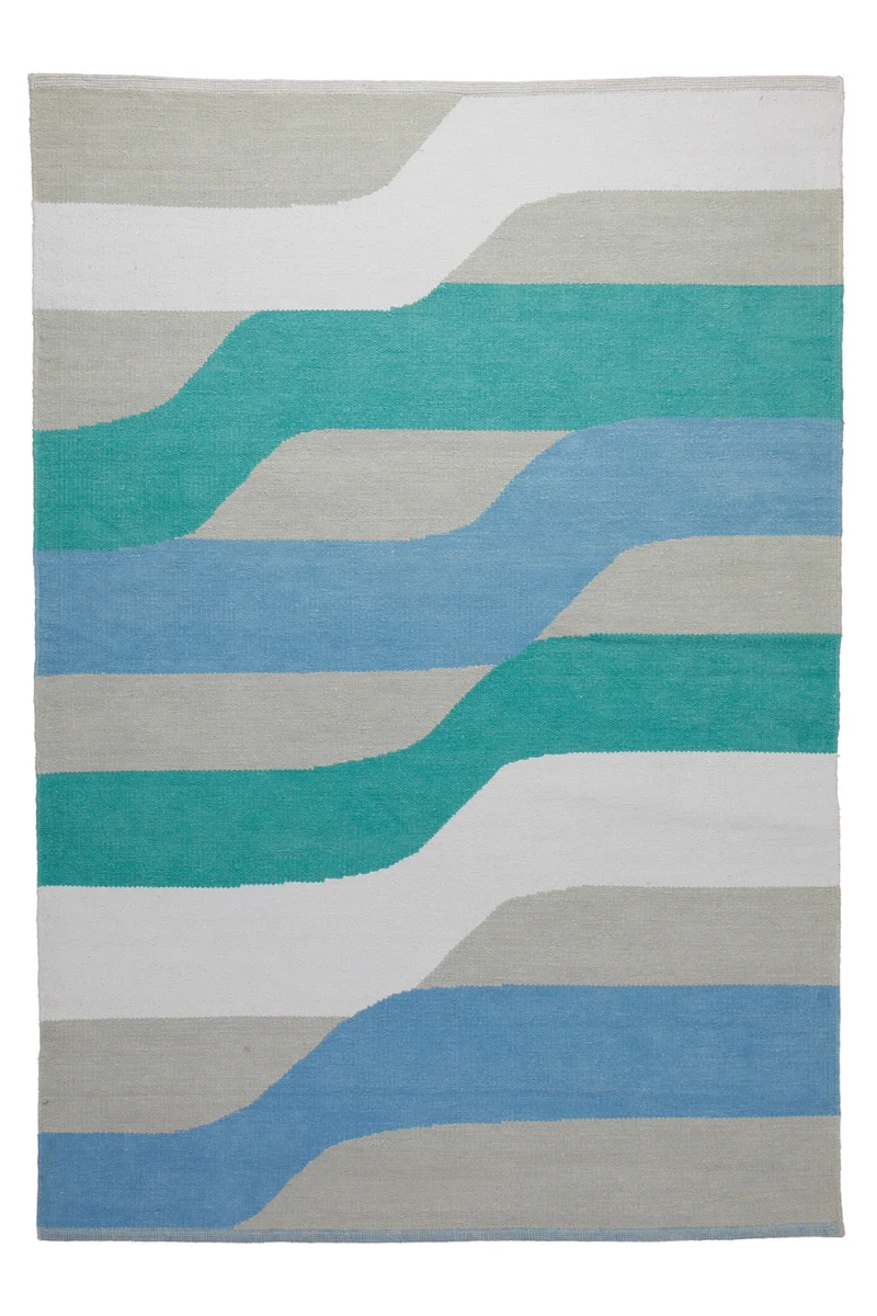 160x230 Teppich Wohnzimmer Aquawellen in Türkis und Hellblau – Skandi-Streifenteppich mit fließenden Bändern