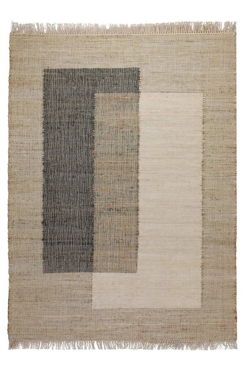 160x230 Teppich Wohnzimmer Architektur in Naturfaser – Helle Mitte mit grafischen Akzentfeldern