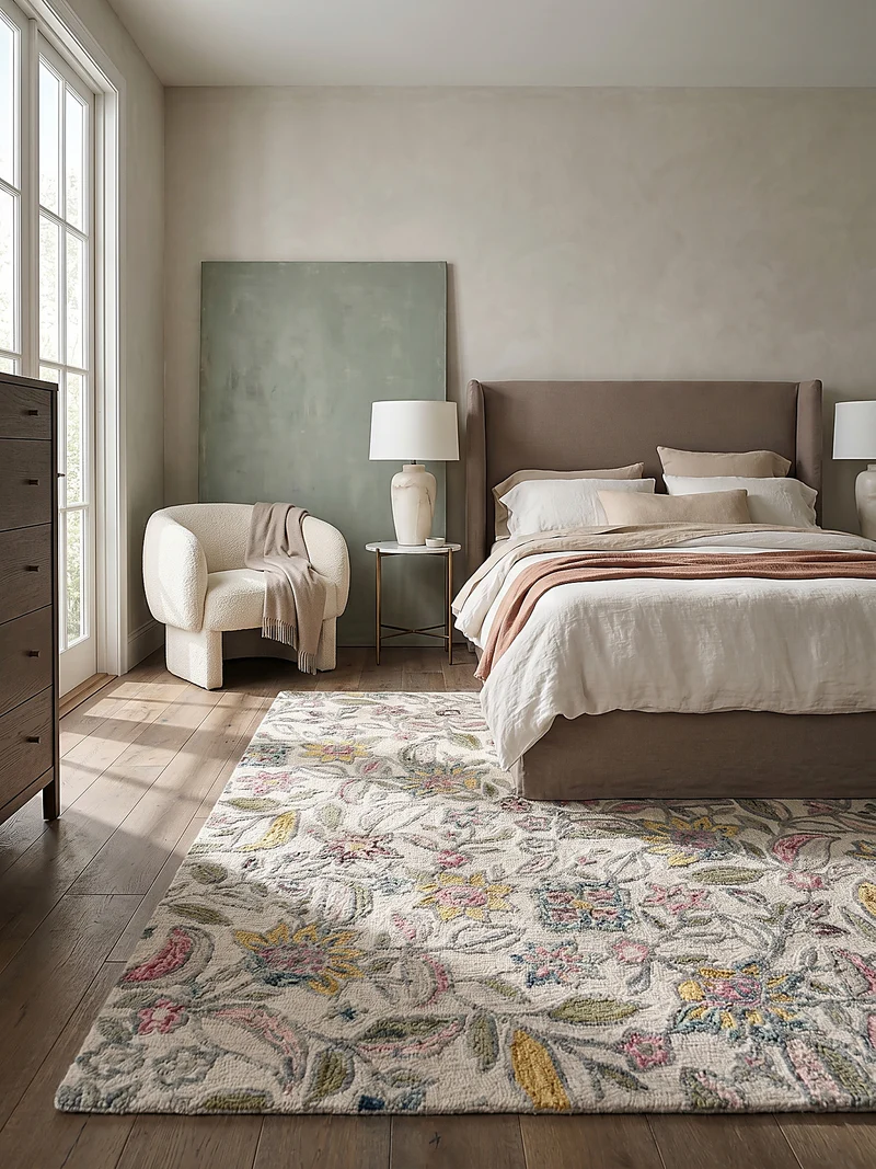 Wollteppich Botanisch Floral mit Aquarell-Effekt, Wohnzimmer