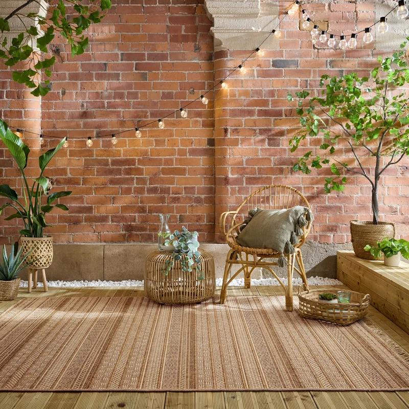 Outdoor Teppich Flachgewebe Boho Streifen Jute-Optik, Balkon schmutzabweisend