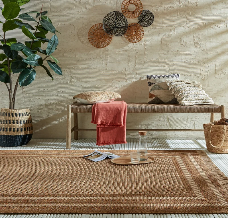 Outdoor Teppich Boho Streifen Bordüre, Balkon schmutzabweisend