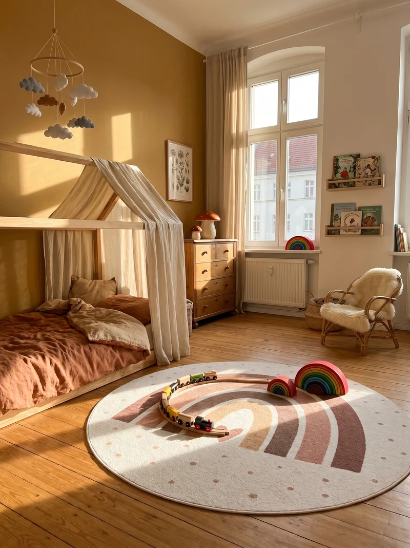 Kinderteppich Regenbogen & Herz Waschbar mit Rutschstopp
