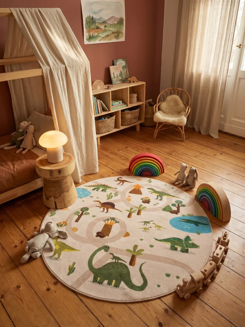 Kinderteppich Dinosaurier Waschbar mit Rutschstopp