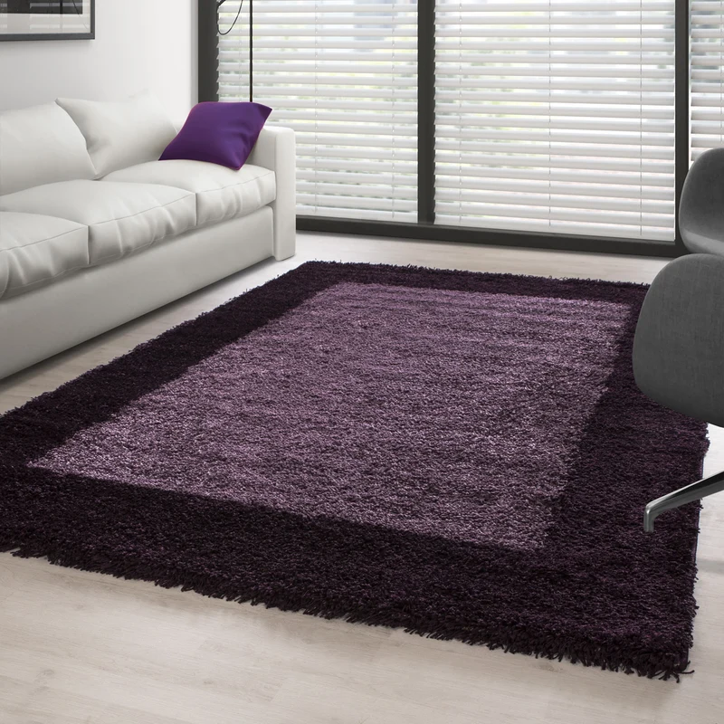 Shaggy Teppich Hochflor Langflor Wohnzimmer Teppich Gemustert in Bordüre Design