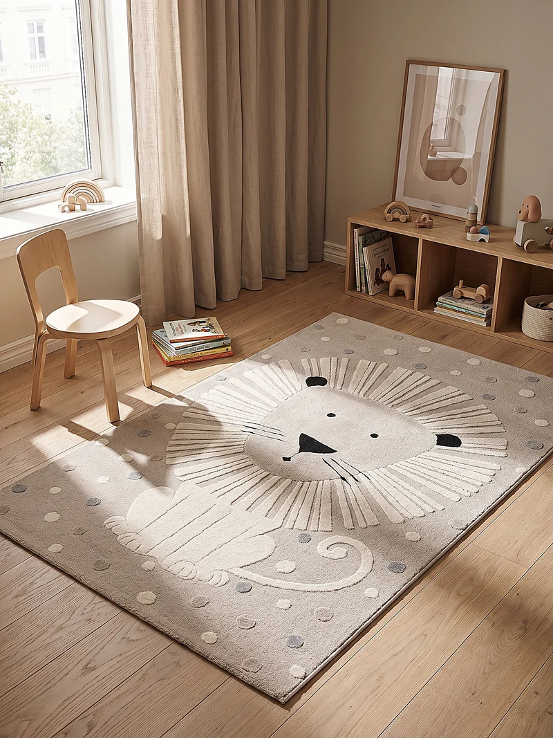 Kinderteppich Süßer Löwe-Motiv - Polypropylen-Polyester-Mix, 15 mm Gesamthöhe