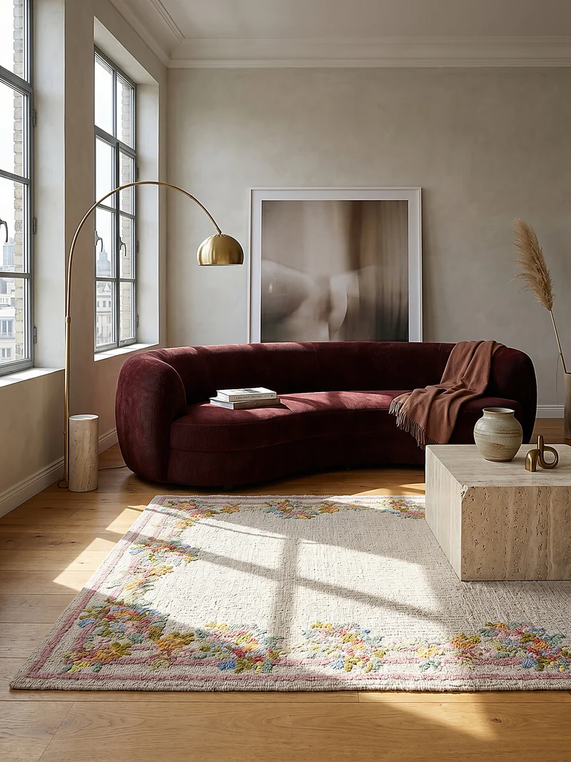 Wollteppich Blumenbordüre · 100 % Wolle · handgetuftet · 8 mm Kurzflor