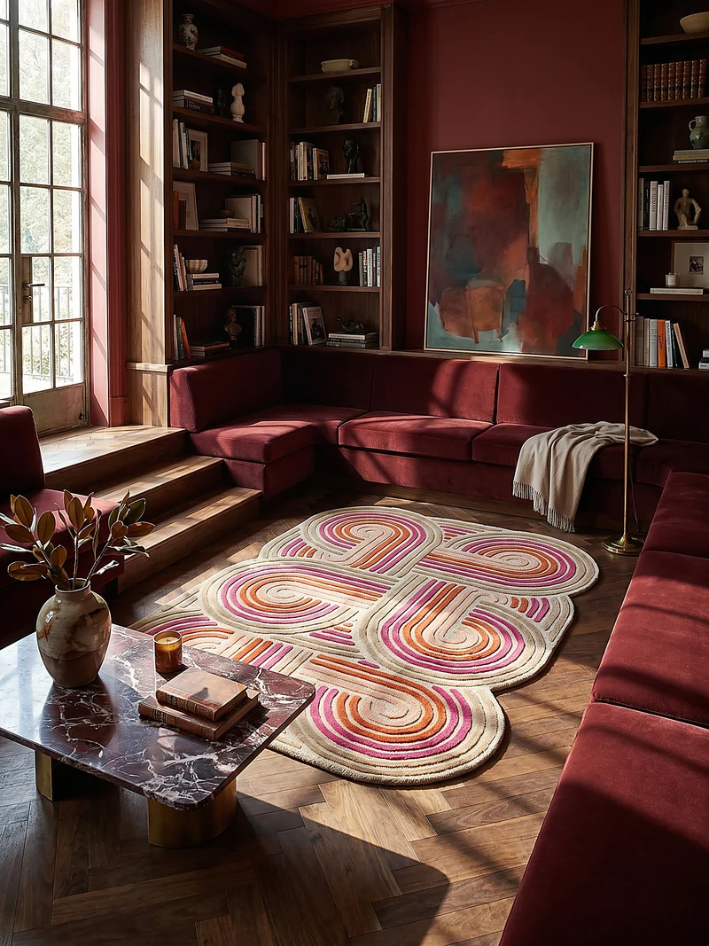Wollteppich Spiralform · 100 % Wolle · handgetuftet
