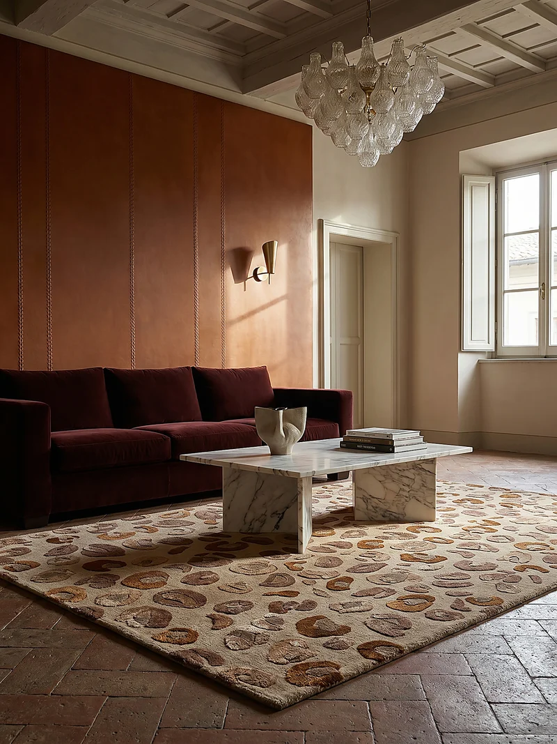 Designteppich Leopard-Print · Lyocell-Wool Mix · Caramel auf Beige · 7 mm Hand-Tufted