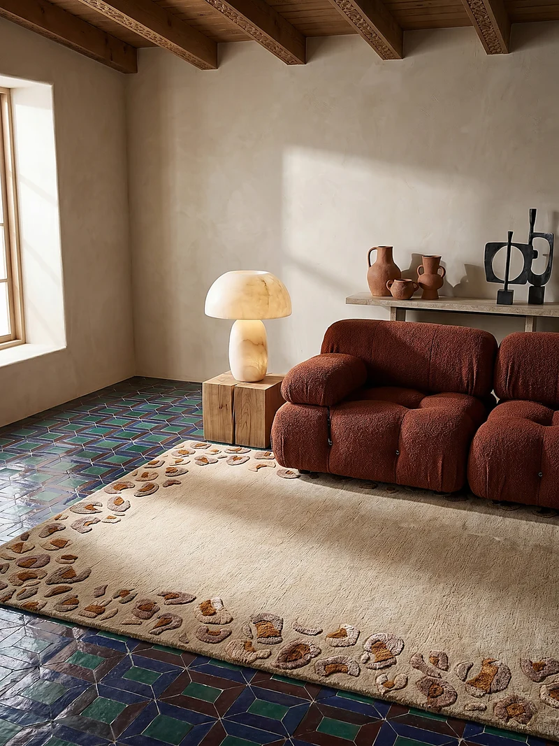 Designteppich Leopard-Print Border · Woll-Viskose-Mix · Cremeweiß · 7 mm Hand-Tufted