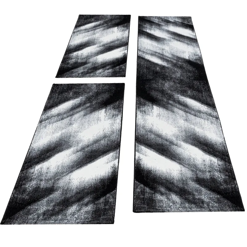 Kurzflor Bettumrandung Teppich 3-teilig Abstrakt Schatten meliert Grau Schwarz