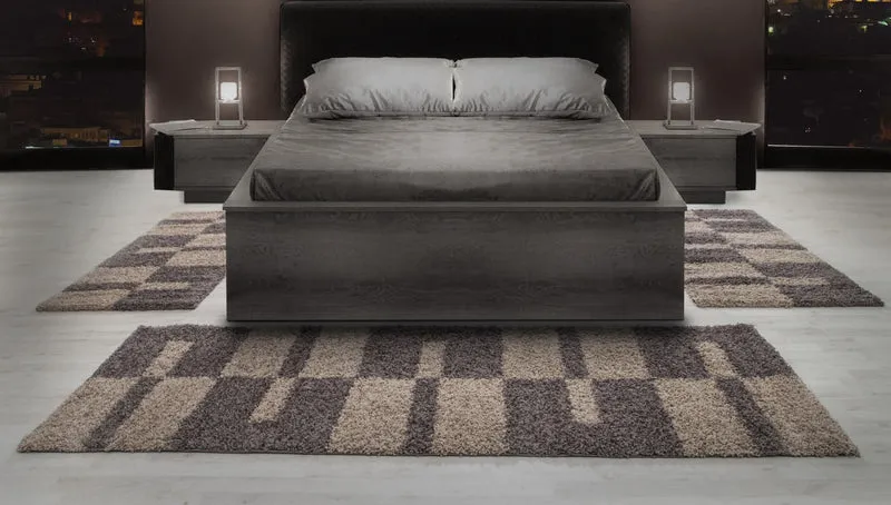 Bettumrandung Hochflor Shaggy Teppich Läuferset 3 teilig Kariert Taupe Beige