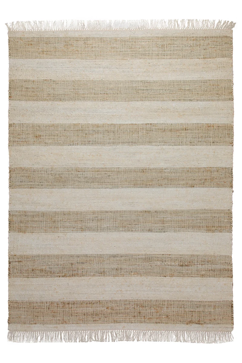 160x230 Teppich Wohnzimmer Sand und Creme – Streifenteppich aus Jute und Baumwolle