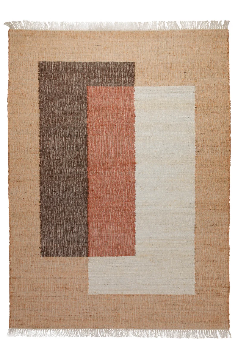 160x230 Teppich Wohnzimmer Naturjute mit Farbblock – Grafisches Statement in Erdtönen