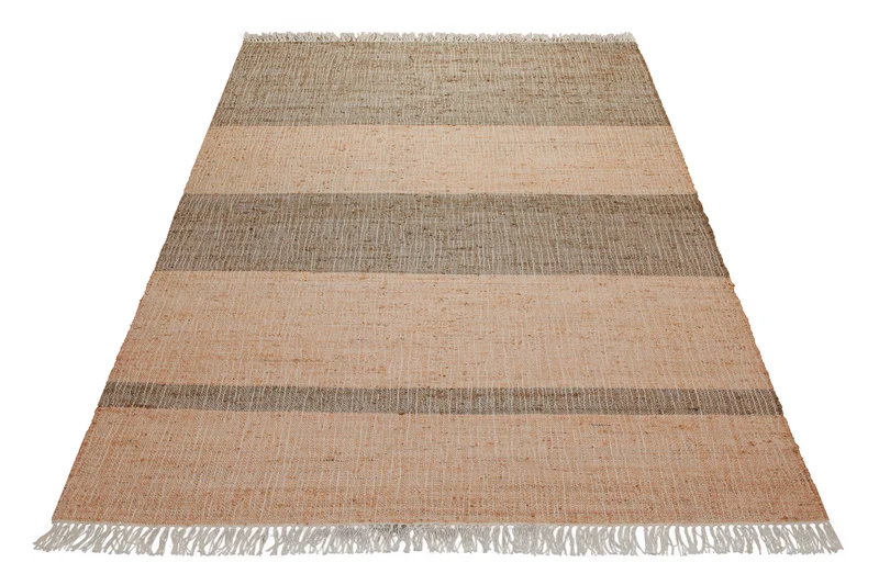 160x230 Teppich Wohnzimmer Apricot trifft Khaki – Naturfaser-Streifenteppich mit Fransen