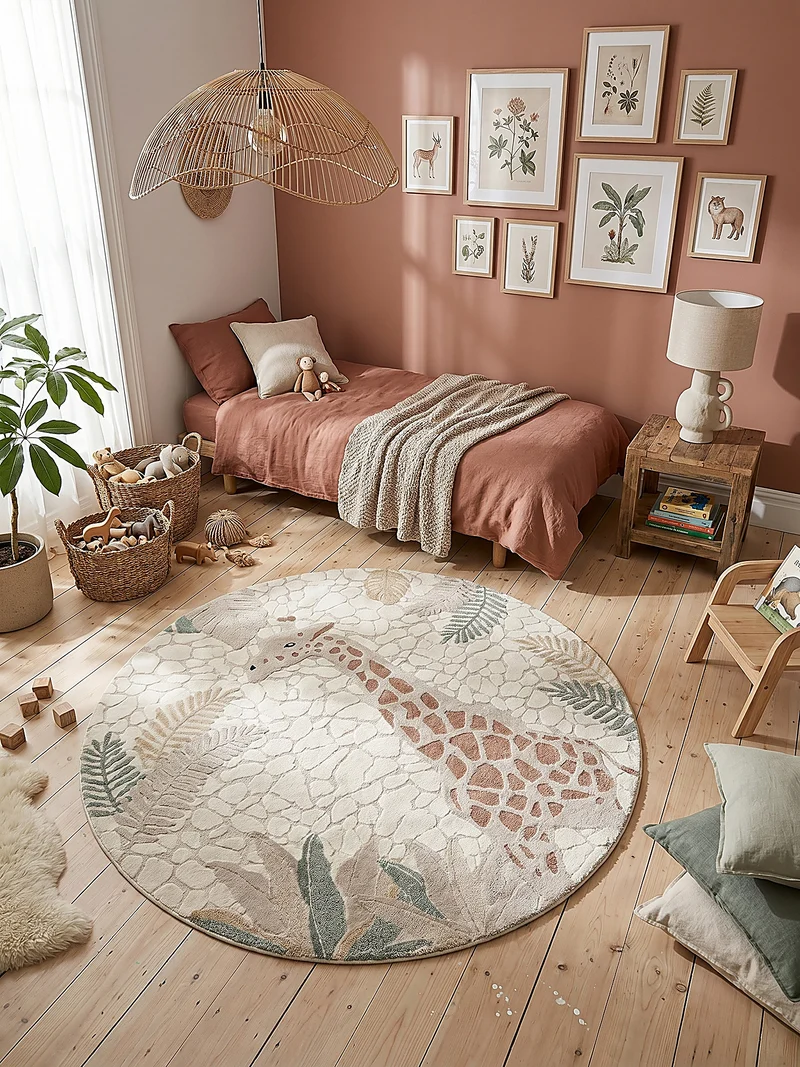 Kinderteppich Giraffen-Motiv in Savanne - Polypropylen-Polyester-Mix, 15 mm Gesamthöhe