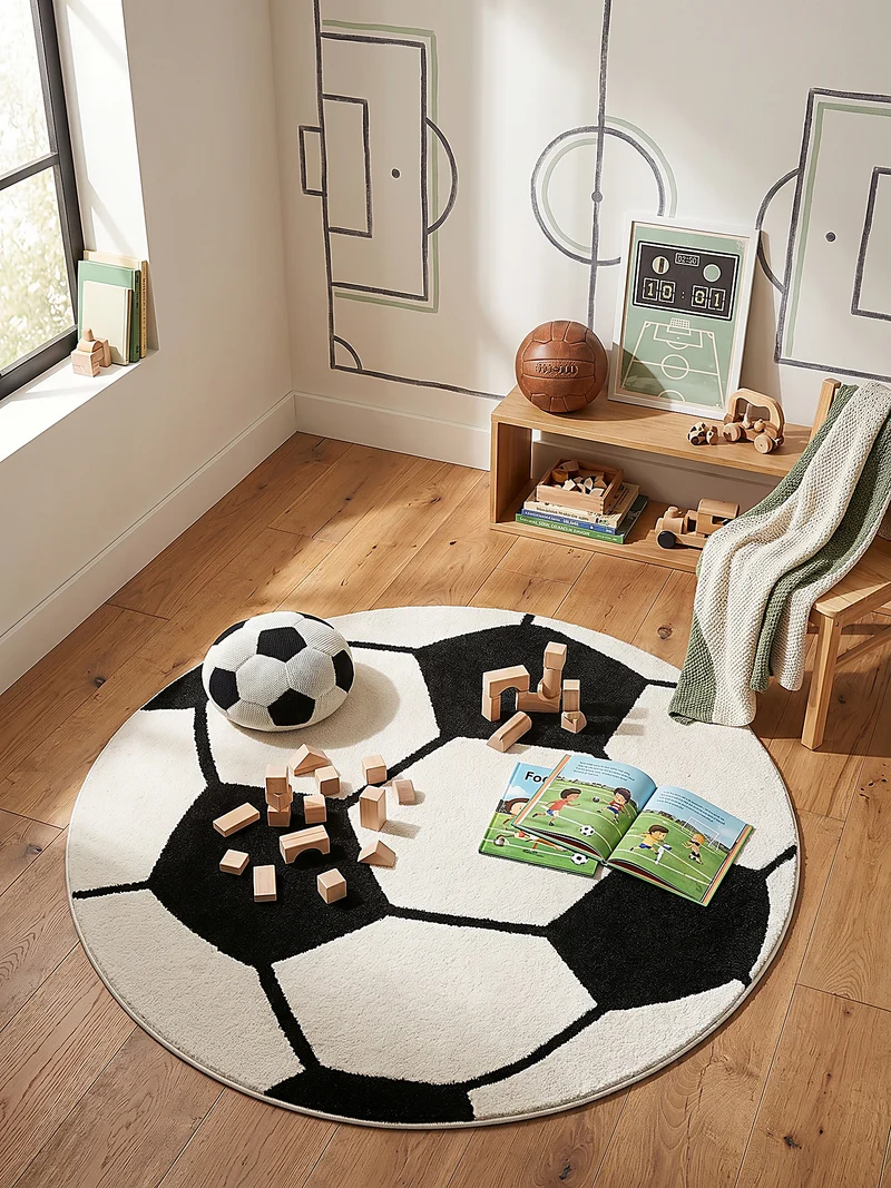 Kinderteppich Fußball-Motiv - Polypropylen-Polyester-Mix, 13 mm Gesamthöhe