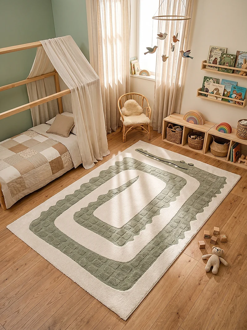 Kinderteppich Krokodil-Motiv mit gerollter - Polypropylen-Polyester-Mix, 15 mm Gesamthöhe