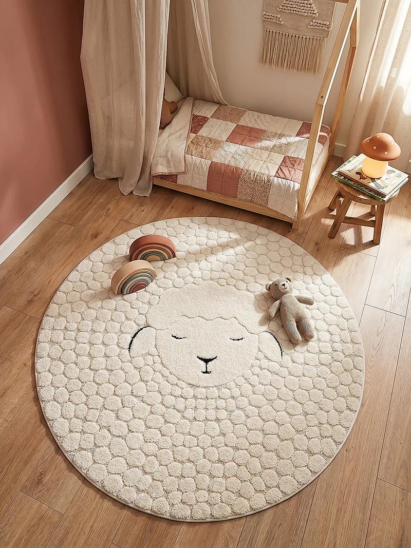 Kinderteppich Schaf-Gesicht mit wolliger - Polypropylen-Polyester-Mix, 13 mm Gesamthöhe