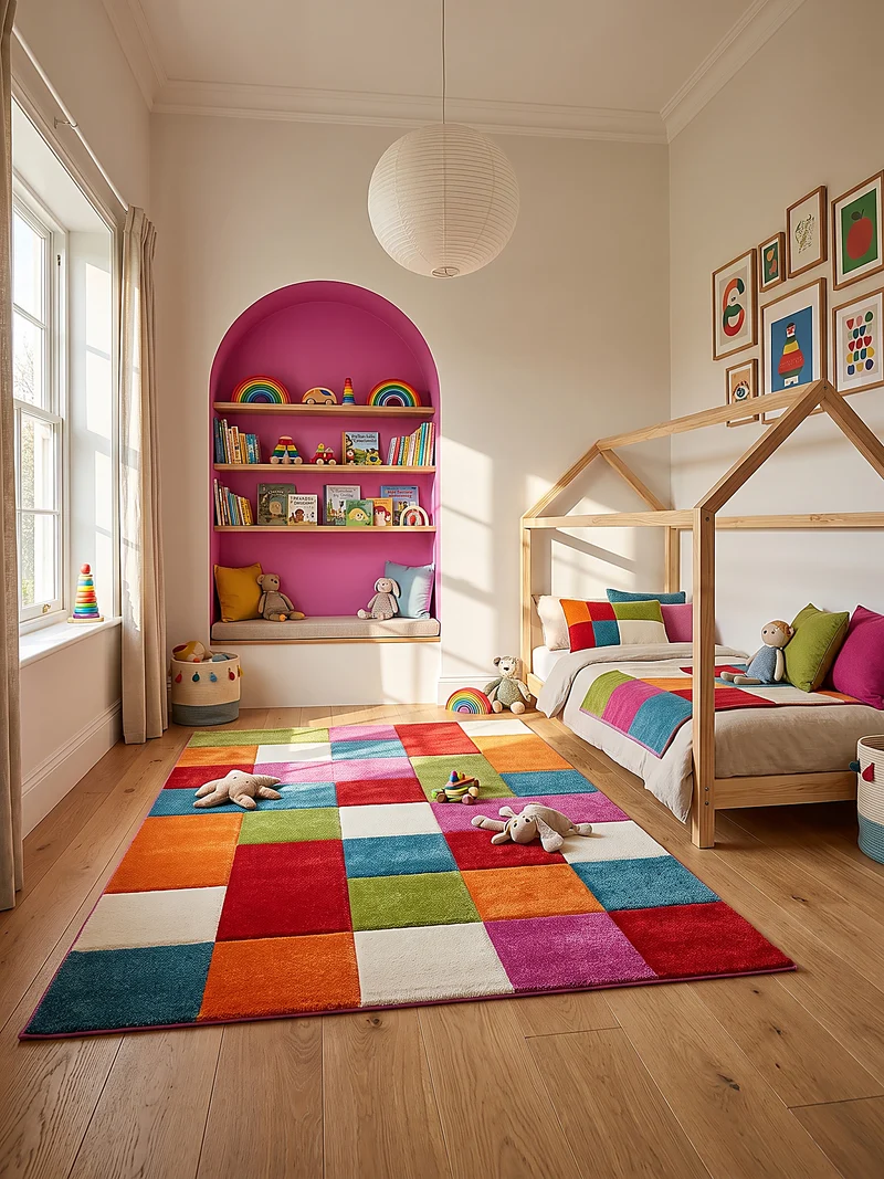 Kinderteppich Bunte Patchwork-Quadrate - Polypropylen, 14 mm Gesamthöhe