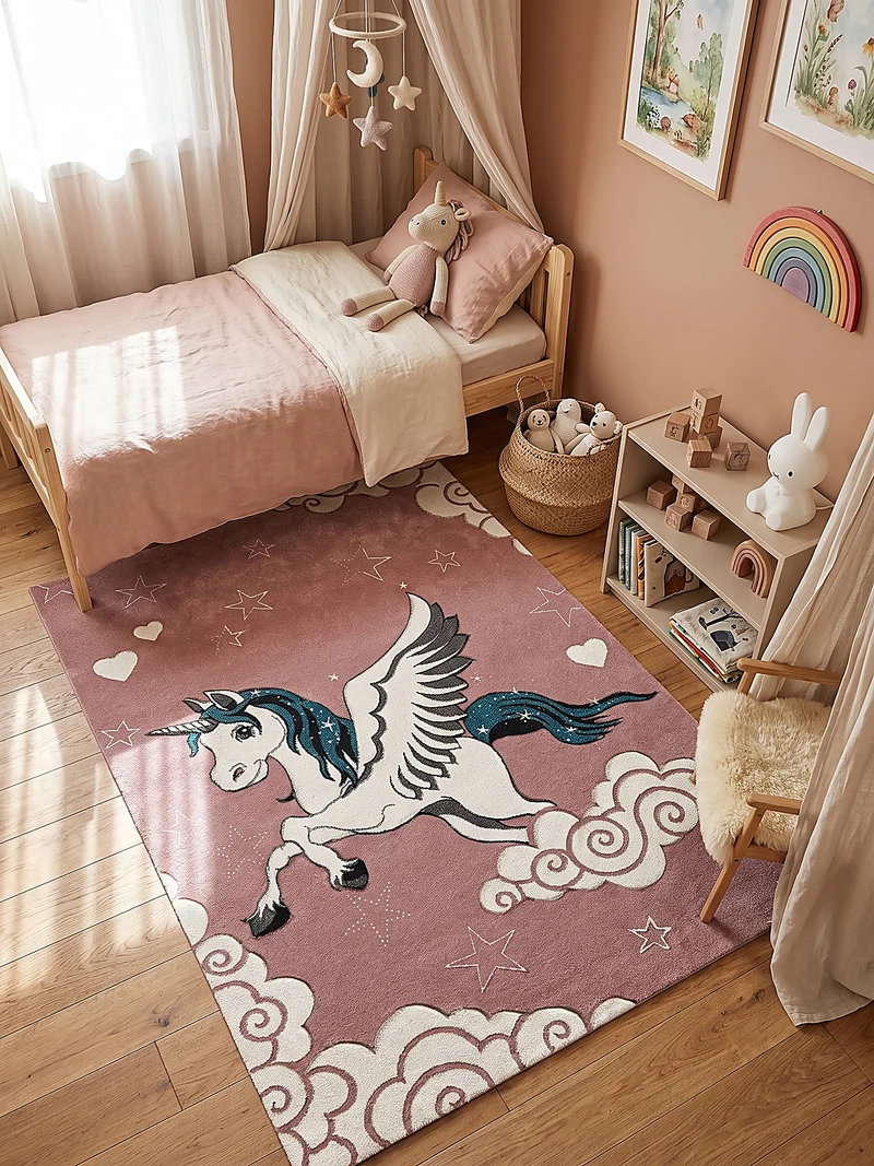Kinderteppich Einhorn-Pegasus mit Sternen - Polypropylen, 14 mm Gesamthöhe