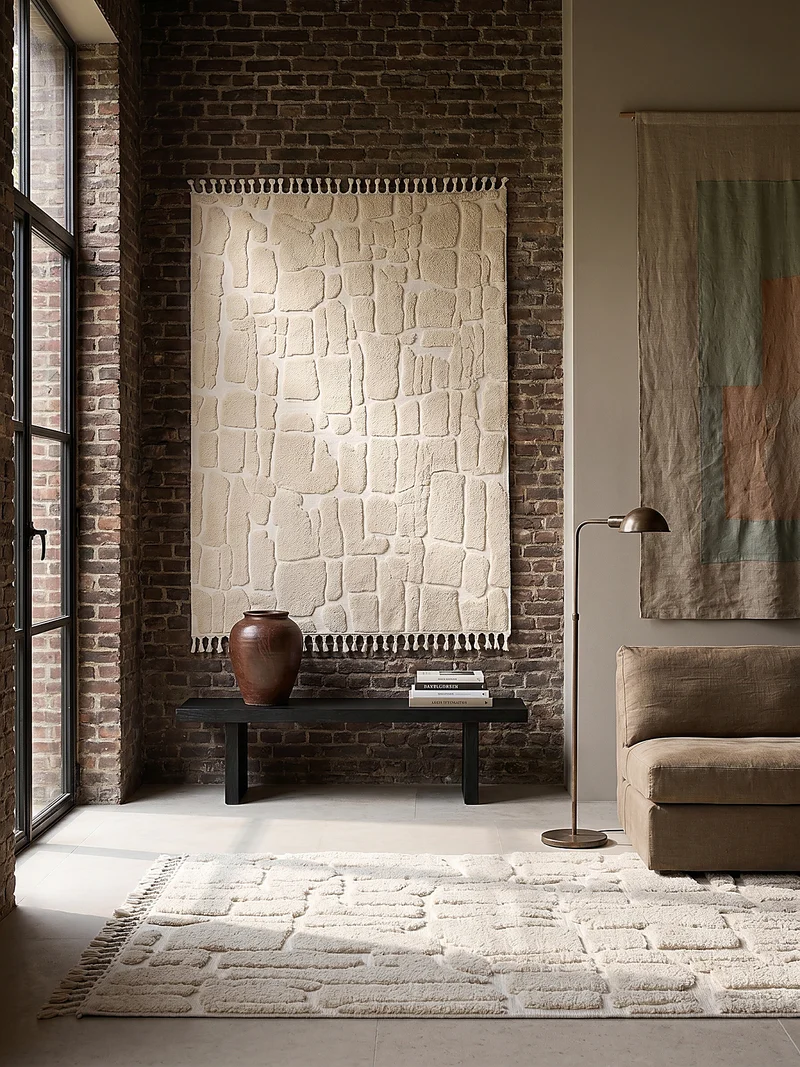 Hochflor-Teppich Cobblestone-Relief · 20 mm 3D · Cremeweiß · Boho mit Fransen