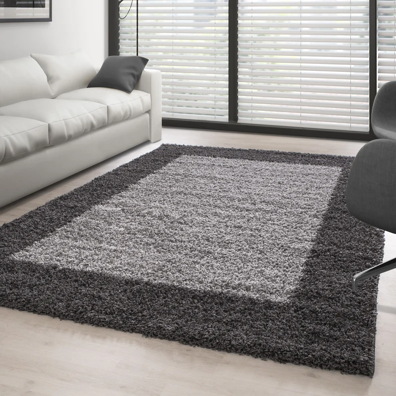 Shaggy Teppich Hochflor Langflor Wohnzimmer Teppich Gemustert in Bordüre Design