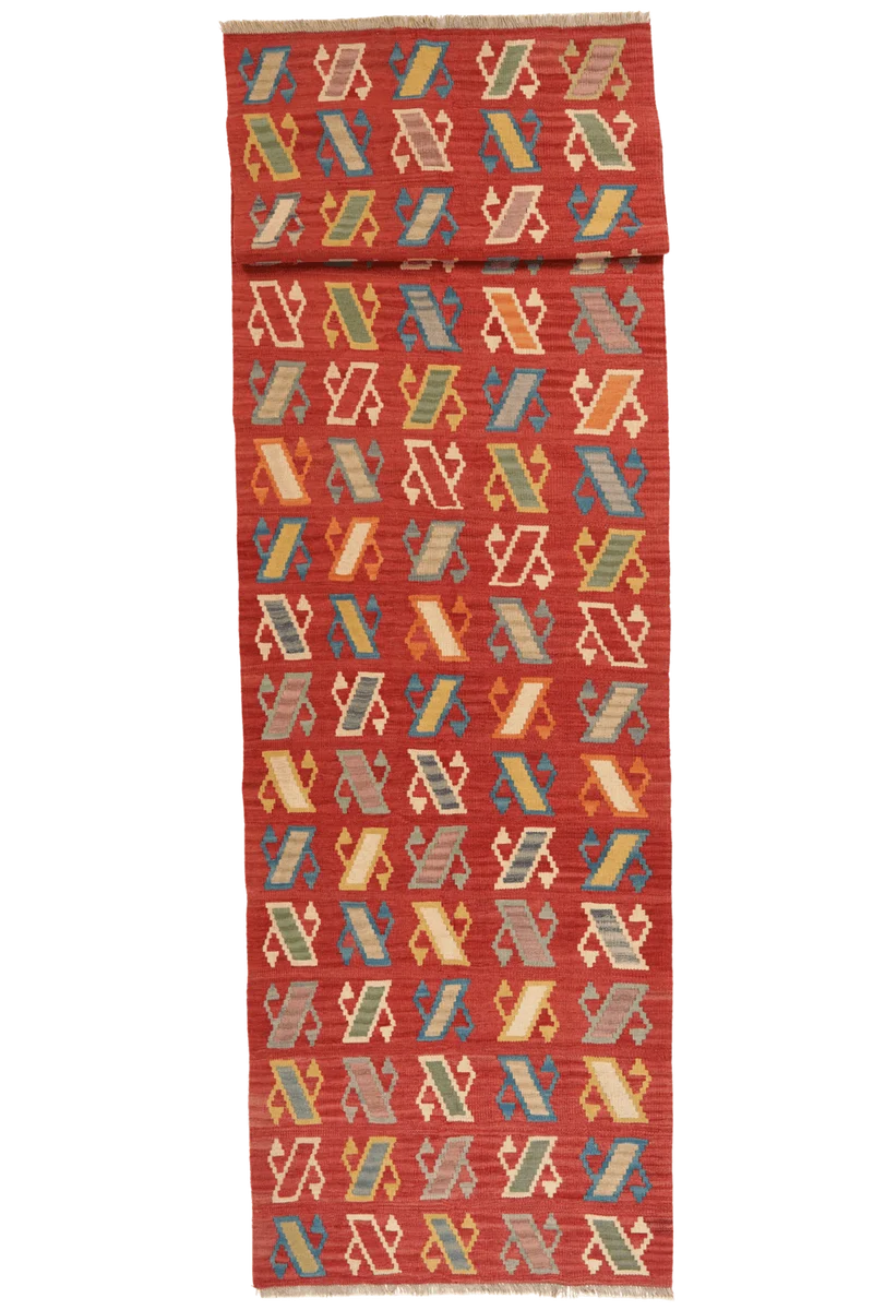 Kelim Gashgai · Handgewebt – Rot, 389x107 cm