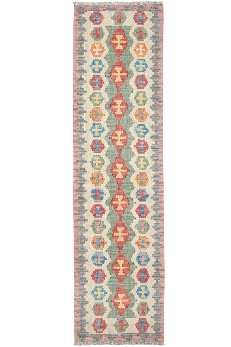 Kelim Gashgai · Handgewebt – Grün, 244x61 cm