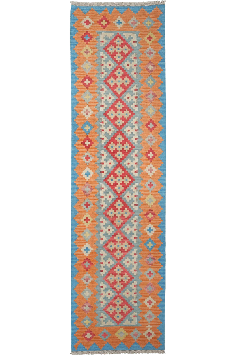 Kelim Gashgai · Handgewebt – Blau, 293x79 cm