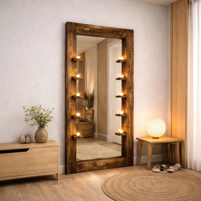 Massivholz-Spiegel HARMONY mit Ablagen 180cm Pinie geflammt