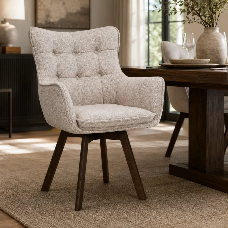 Drehbarer Stuhl ODIN beige Strukturstoff Eichenholz Gestell