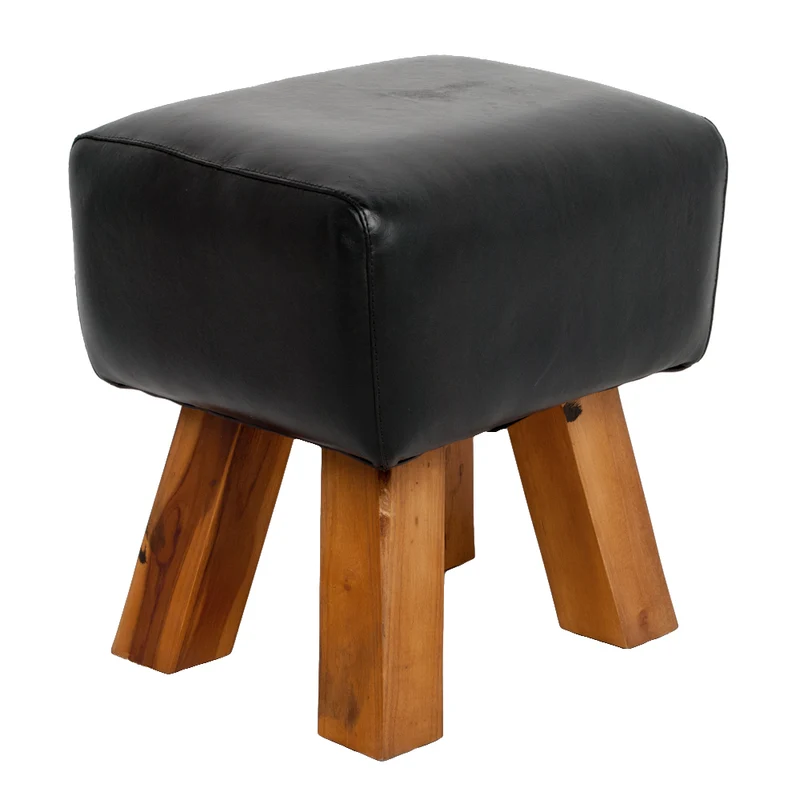 Leder Hocker MAXI Schwarz 40cm Teakholz Turnbock