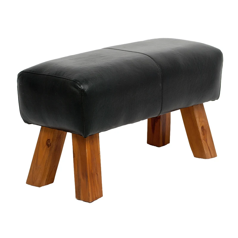 Leder Bank MAXI Schwarz 80cm Teakholz Turnbock