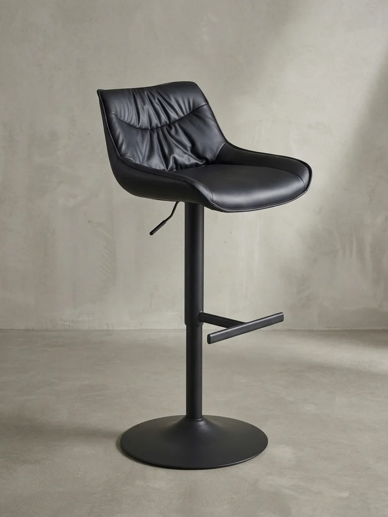 Barhocker – Kunstleder Schwarz, Rückenlehne, höhenverstellbar 86–106 cm, Trompetenfuß, 100 kg
