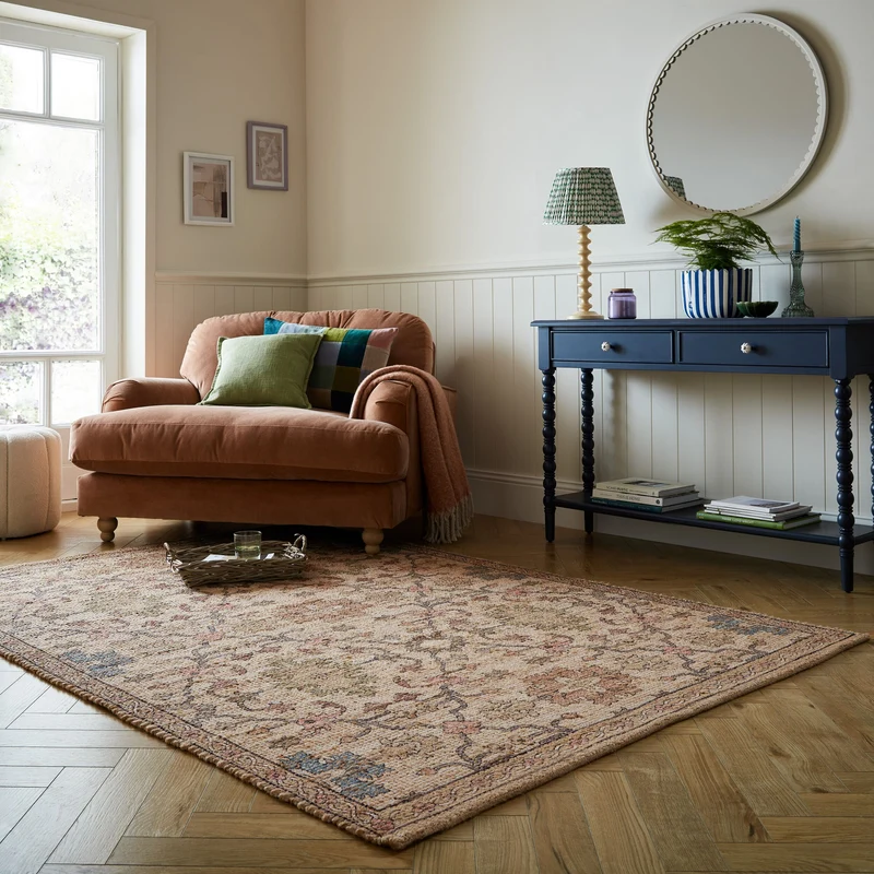 Flachgewebe Teppich mit floralem Oriental-Muster, Strapazierfähige Jute-Chenille-Mischung