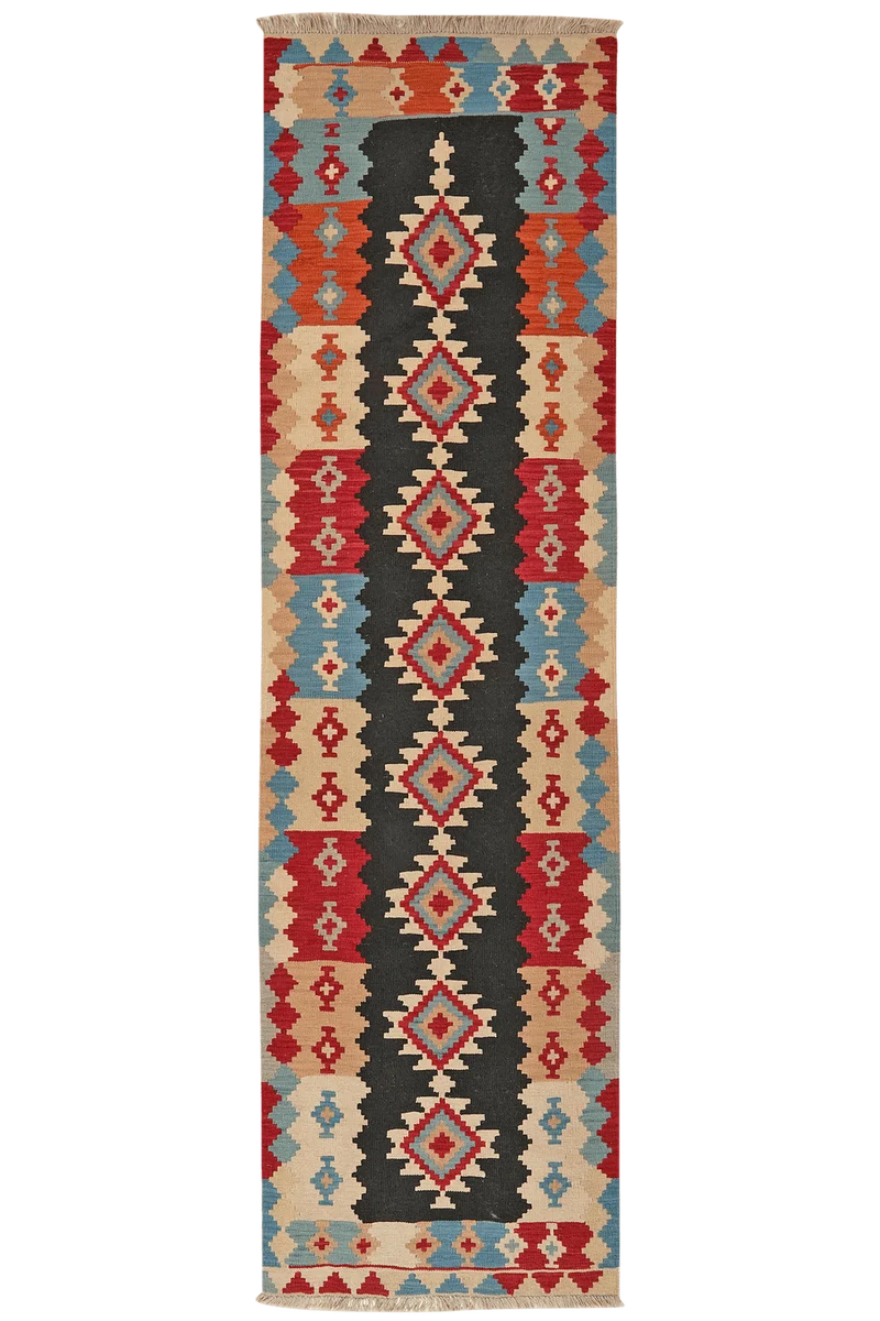 Kelim Gashgai · Handgewebt – Schwarz, 292x85 cm