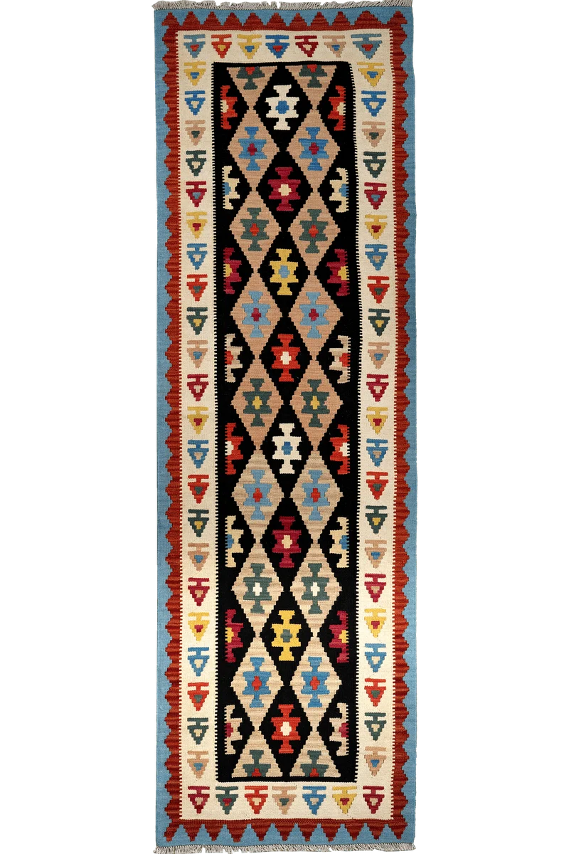 Kelim Gashgai · Handgewebt – Schwarz, 295x88 cm