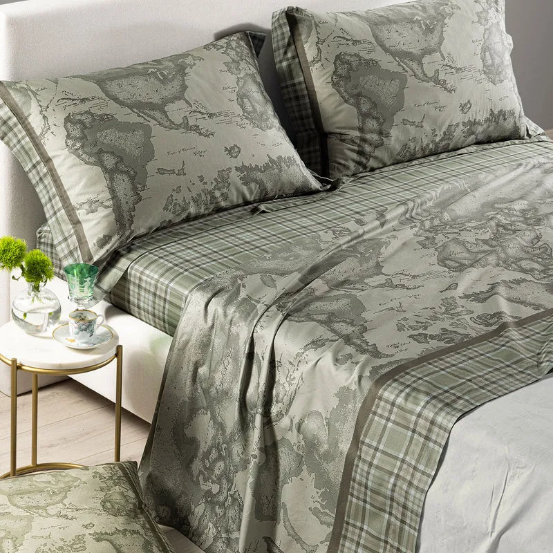 Completo Lenzuola Geo Tartan Green in Raso di cotone