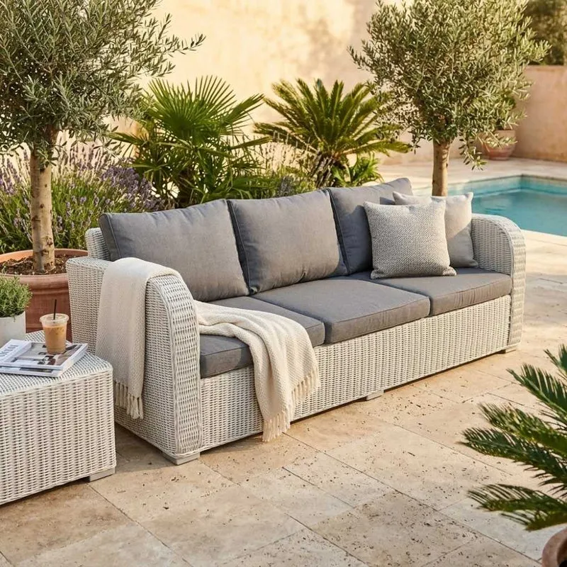 3er Lounge Sofa VITA rundes Polyrattan Eierschalenweiß Gartenmöbel