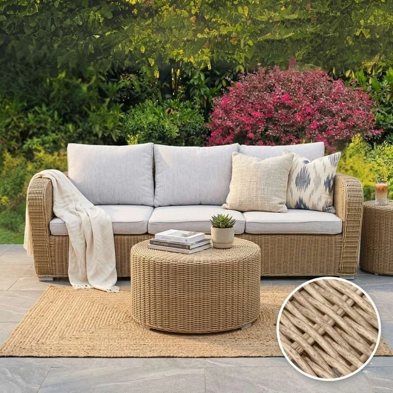 3er Lounge Sofa VITA 210cm rundes Polyrattan Natural Gartenmöbel