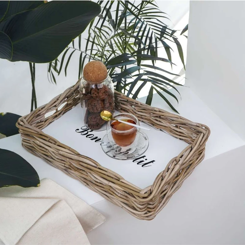 Landhaus-Tablett BON APPETIT 42x27cm Kubu Grey Rattan Handarbeit