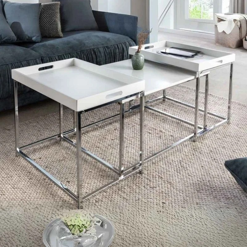 Lounge 3er Couchtisch-Set MENTO weiss abnehmbare Tabletts 75cm Chrom