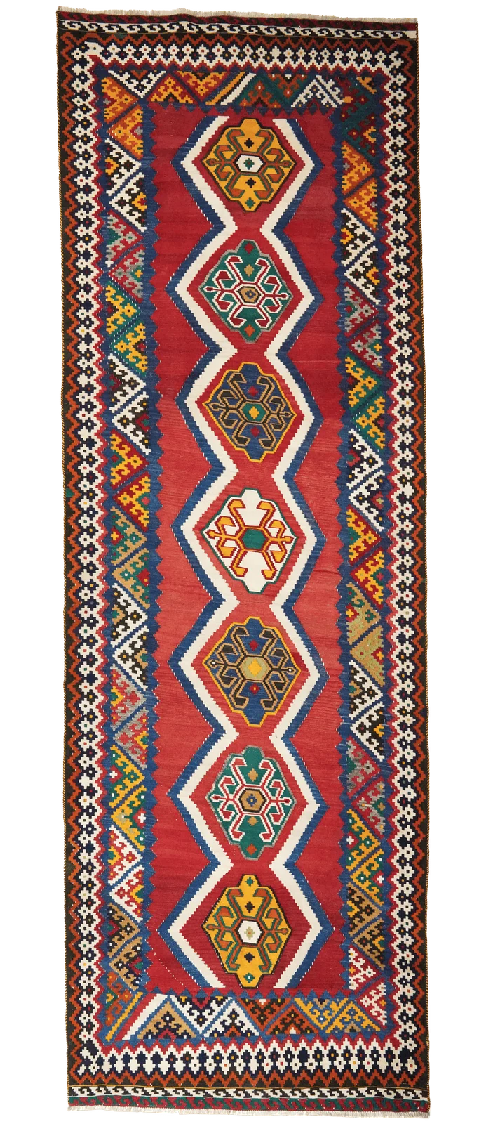 Kelim Gashgai Old · Handgewebt – Rot, 384x134 cm